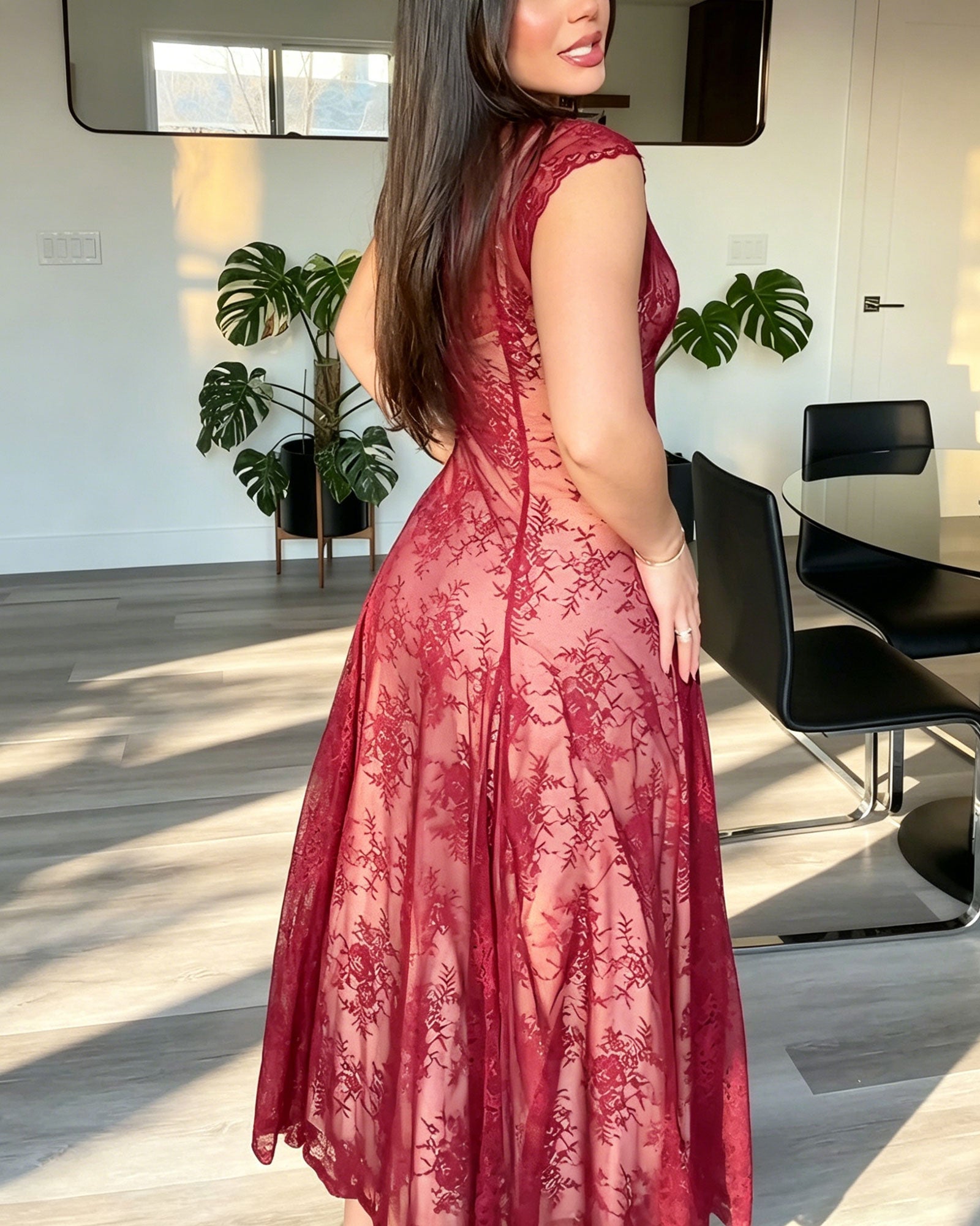 Floral Lace Deep V High Slit A-Line Midi Dress