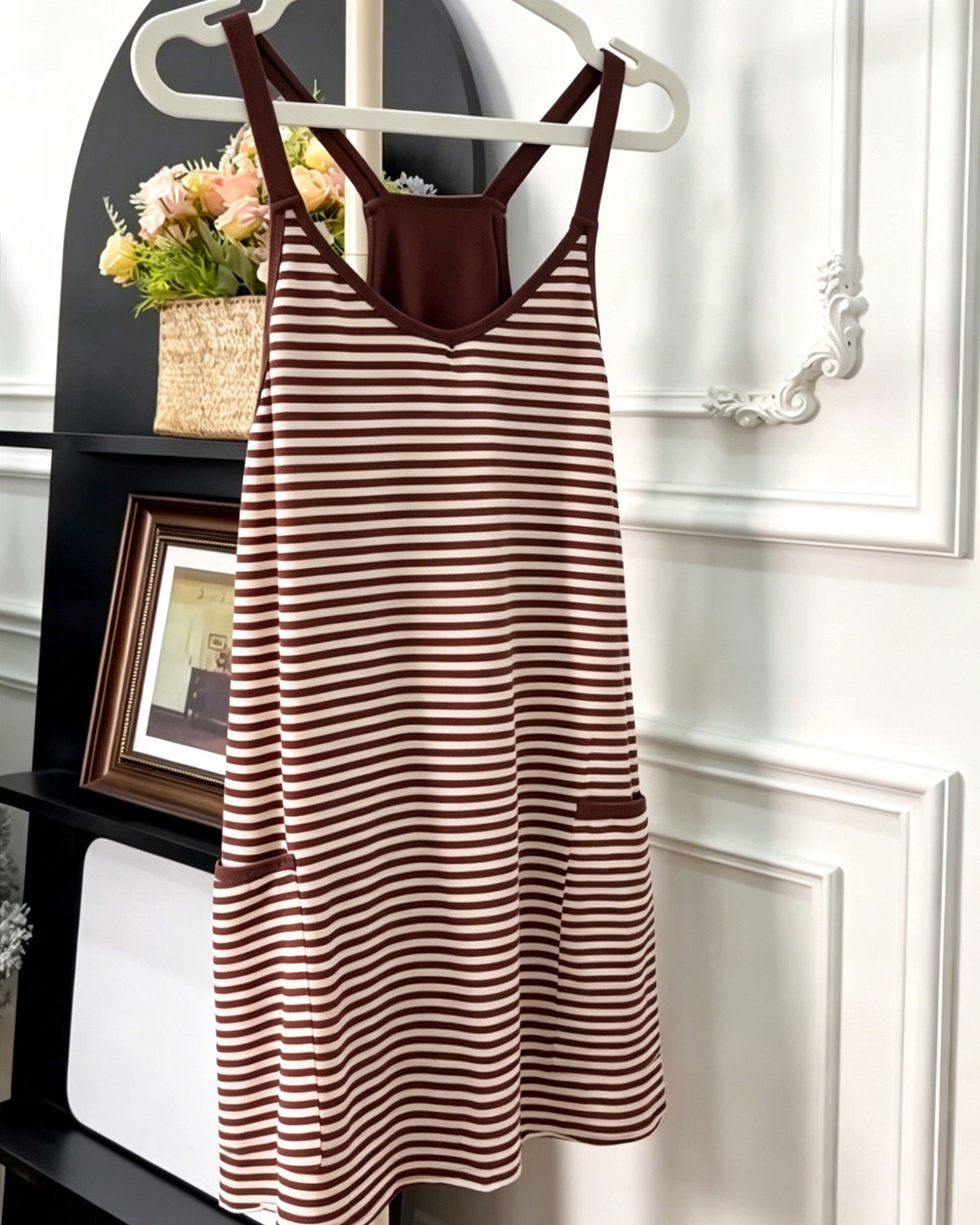 Striped V-Neck Sleeveless Swing Mini Dress with Built-In Shapewear