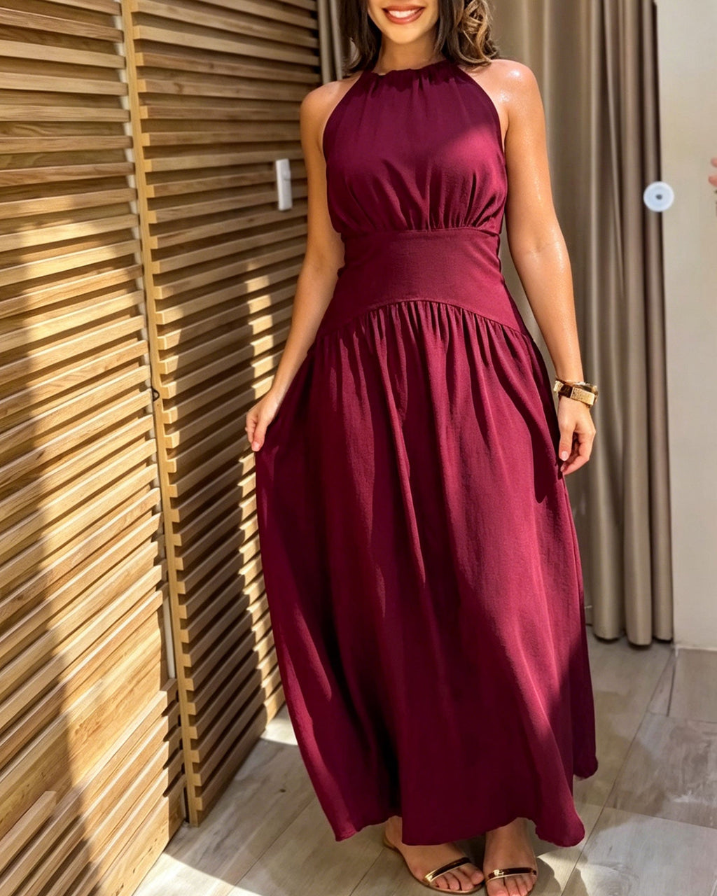 Solid Color Backless Tie Waist Pleated Flowing Long Dress