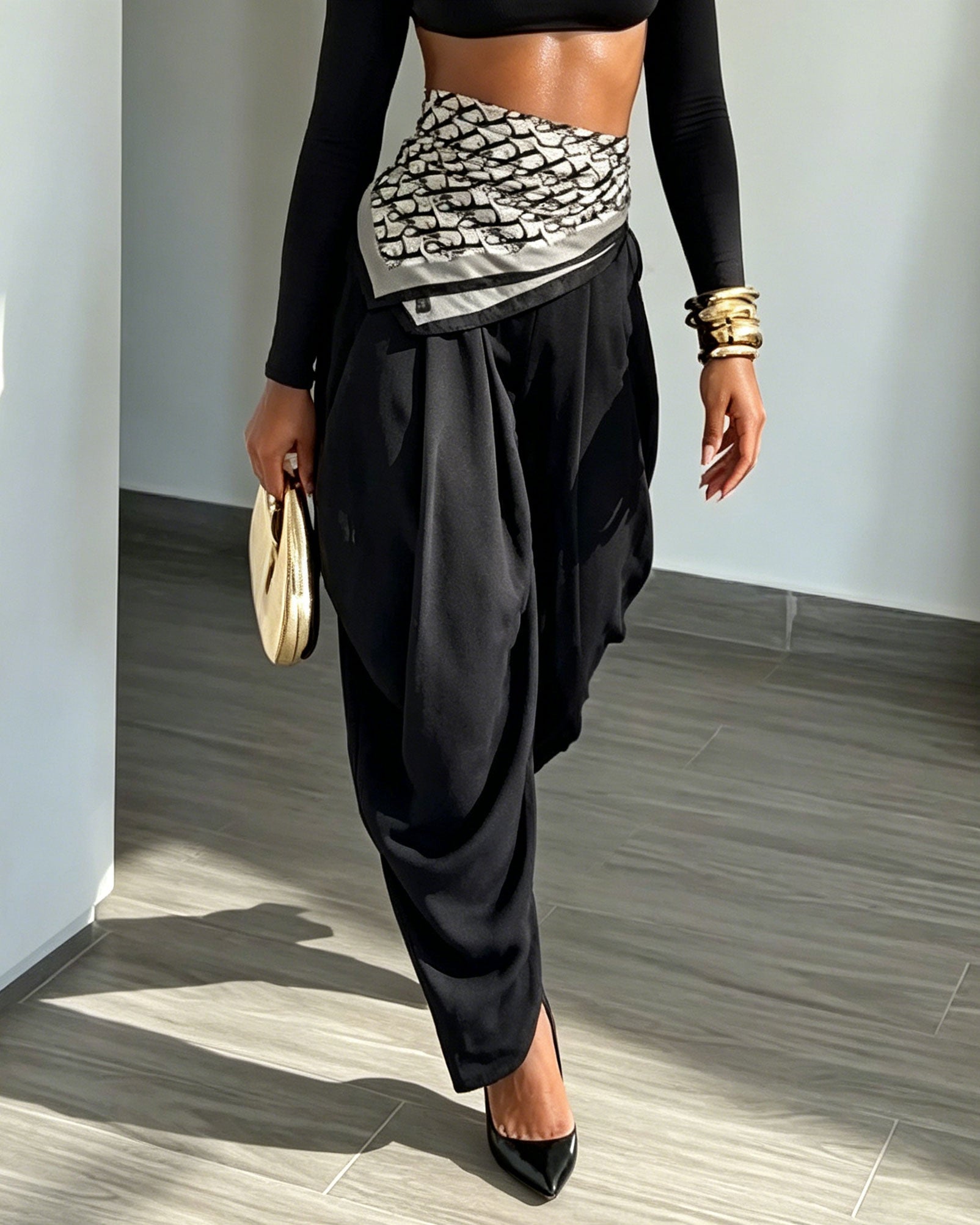 High Waisted Pleated Slit Wide Leg Harem Style Suit Pants
