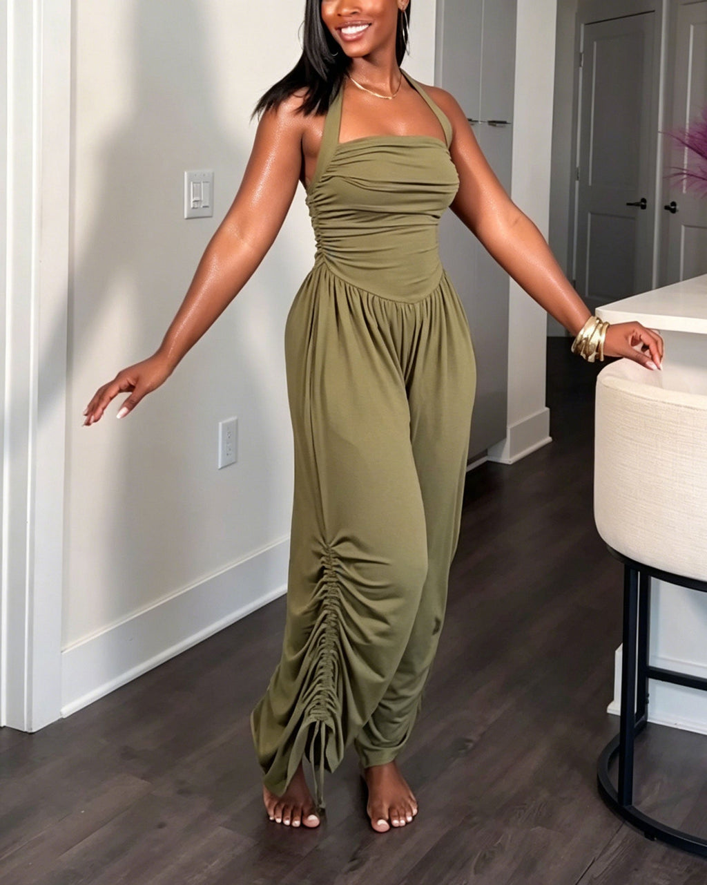 Backless Pleated Drawstring Waist Wide Leg Loose Fitting Jumpsuit