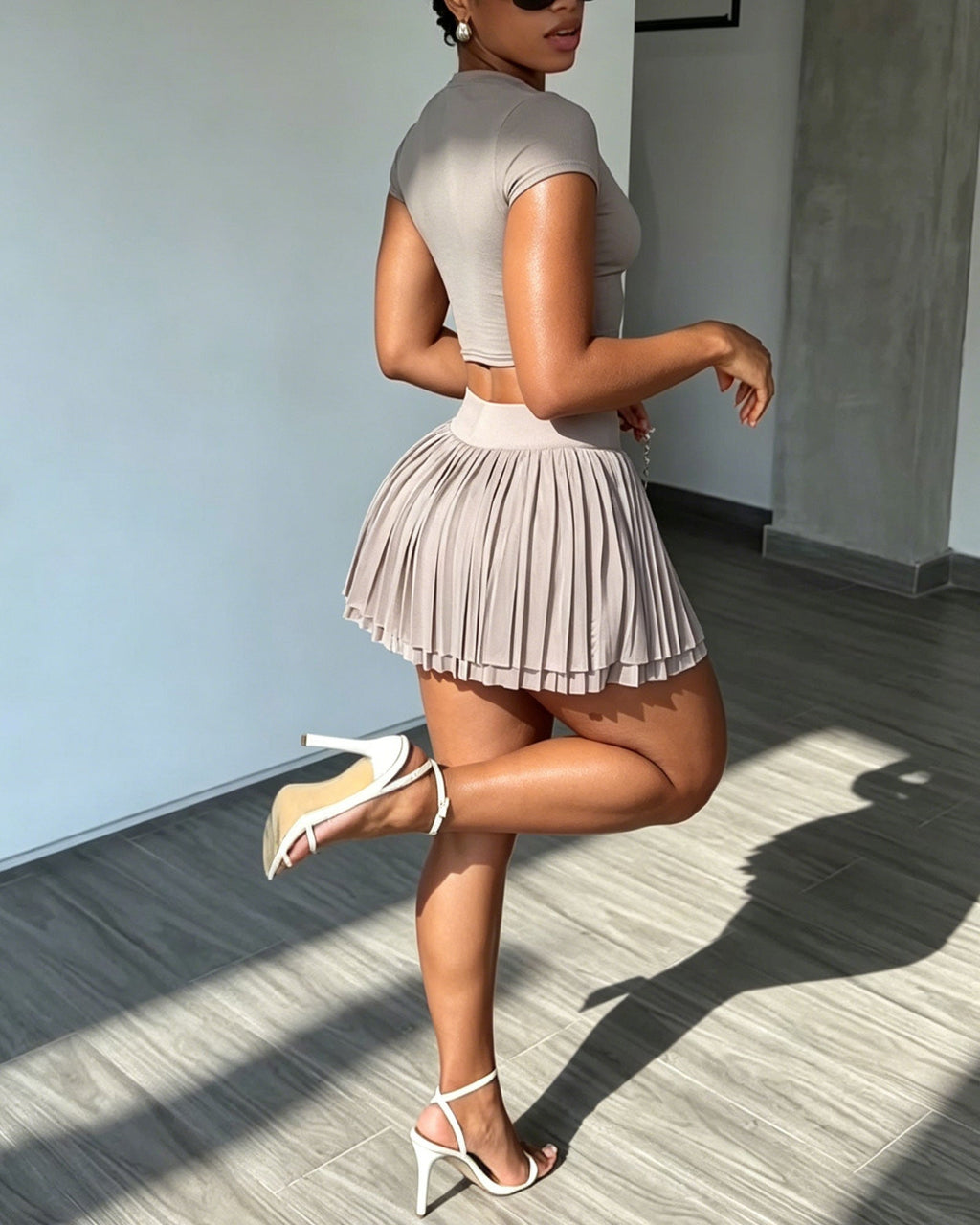 Short-Sleeve Crop Top & Pleated Mini Skirt Two-Piece Set