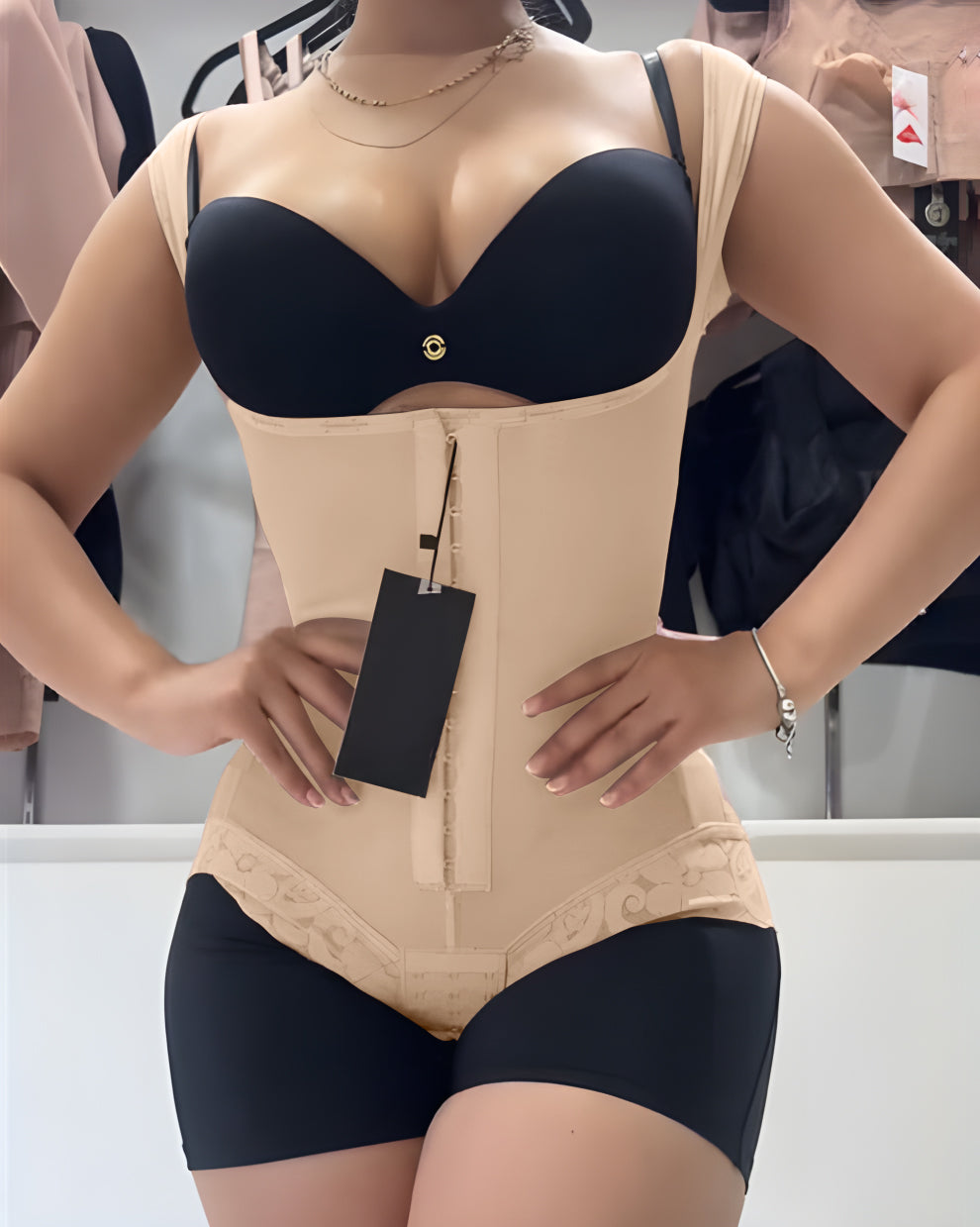 Tummy Control Butt-Lifting Slimming Short One-Piece Hook Eye Shapewear With Wide Straps Tan