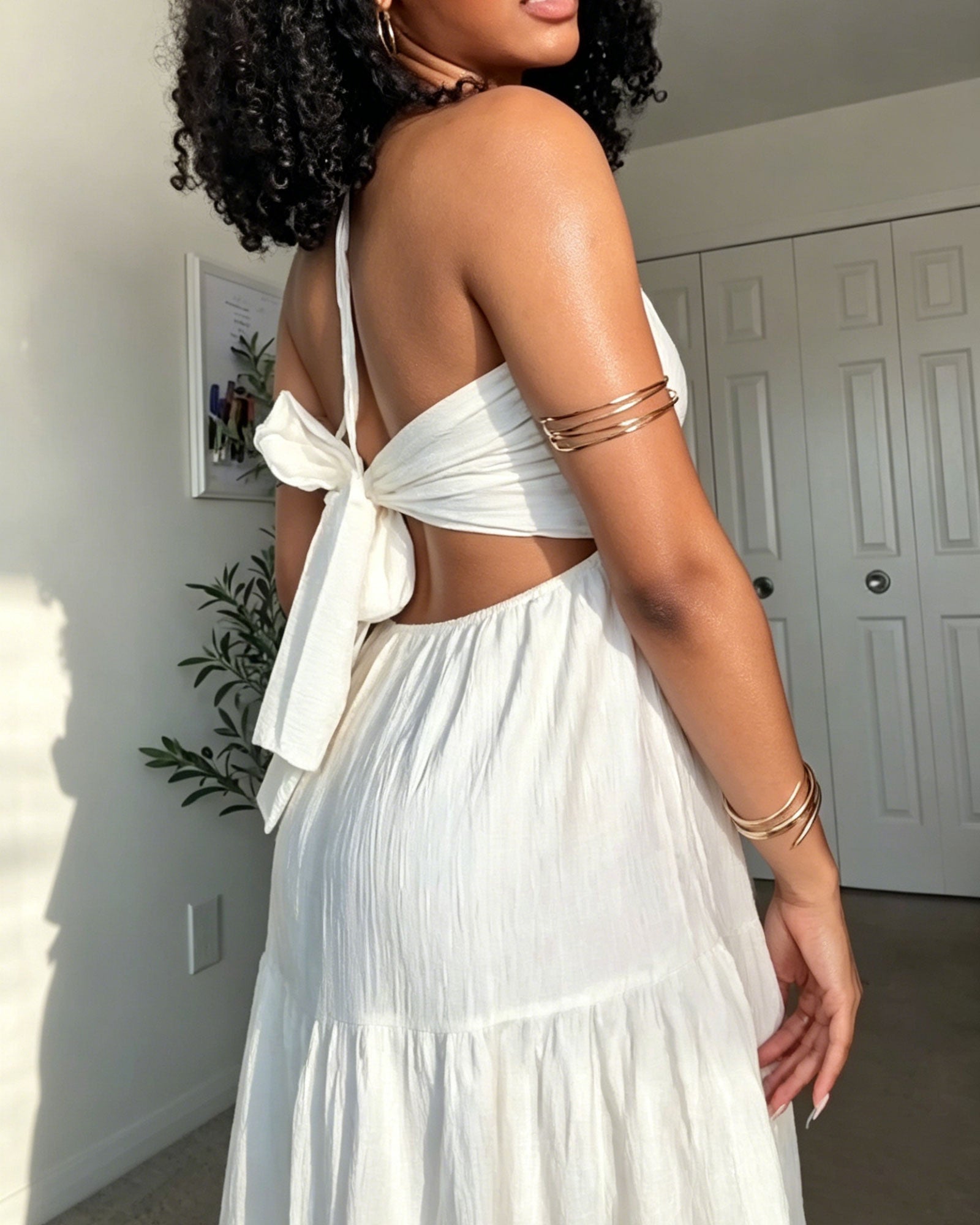 Deep V-neck Backless Halter-Neck Layered Long Dress