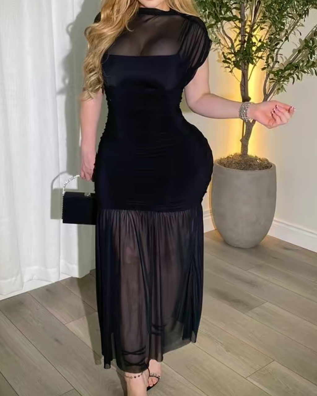 Black Mesh Paneled Fitted Long Dress Black