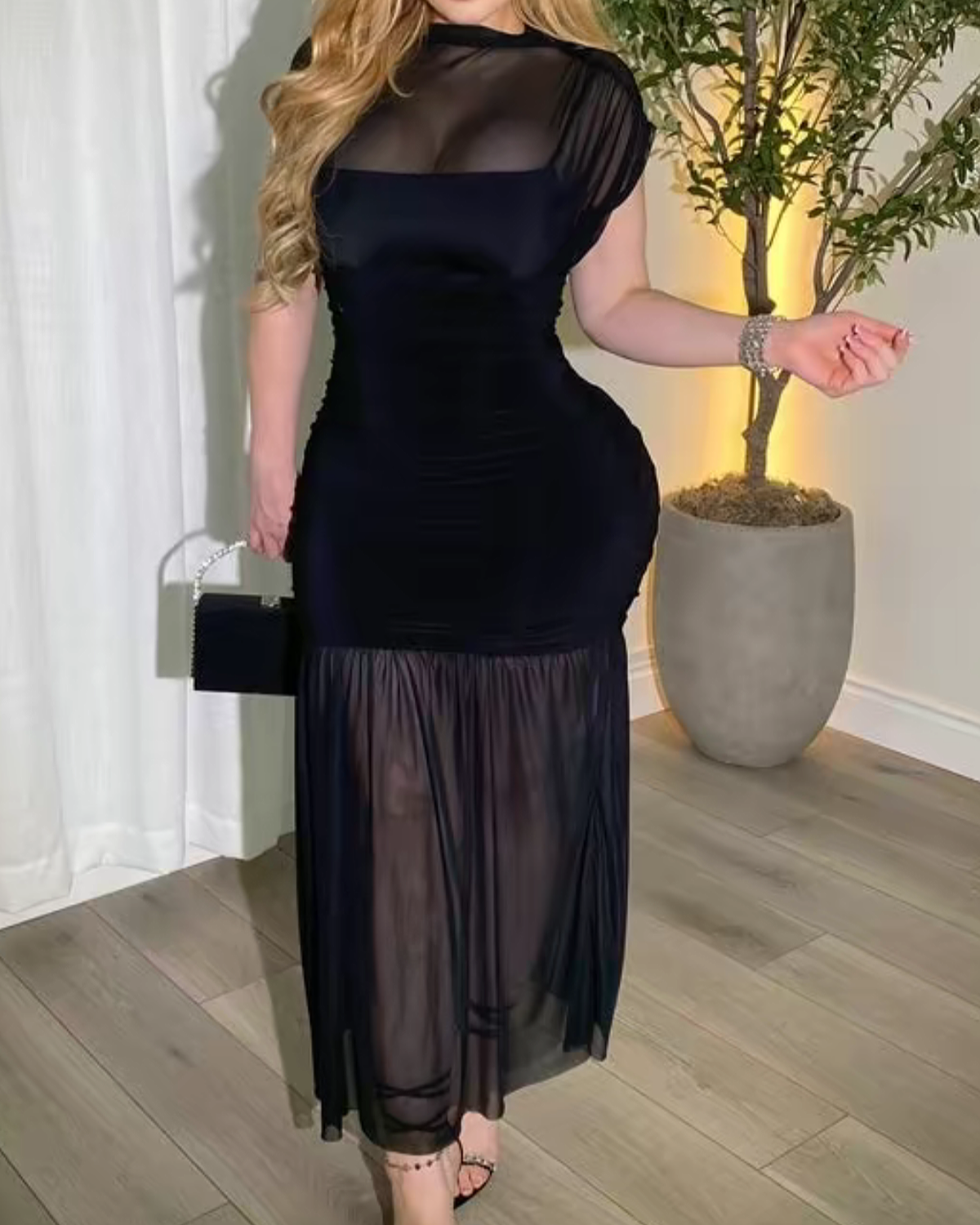 Black Mesh Paneled Fitted Long Dress Black
