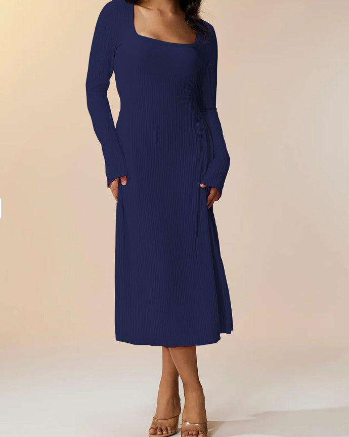 Knitted Ribbed Square Neck Long-Sleeved Tie Dress Navy