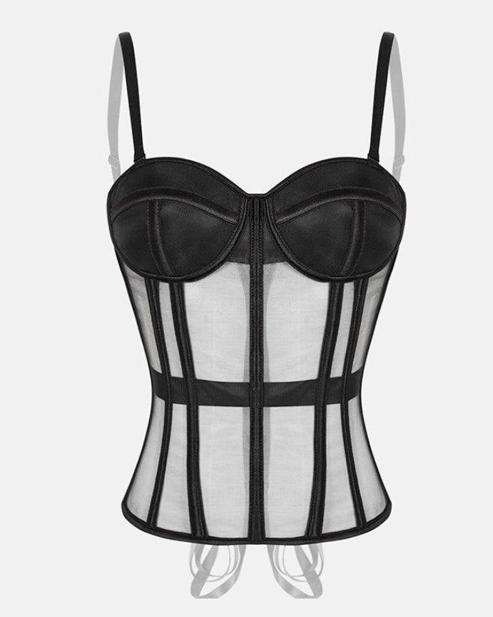 Steel Boned Tummy Control Tie Back Corset Top Black