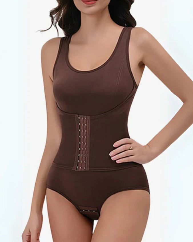 Seamless Comfortable Double-Layer Tummy Shaping Thong Bodysuit Brown