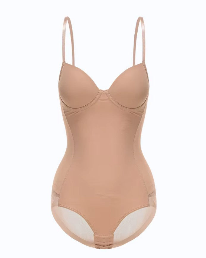 Women's V-Neck Mesh Tummy Control Thong Shaping Bodysuit