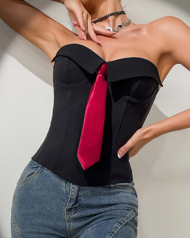 Bandeau Tie Slimming Corset Top Black