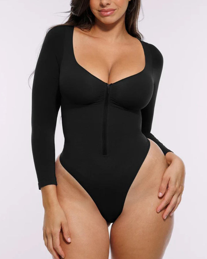 Front Zipper Seamless Slimming Long Sleeve Thong Bodysuit Black