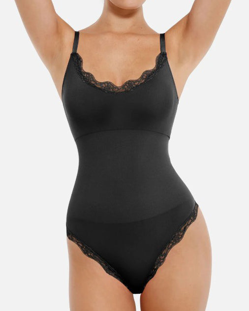 Lace Trim Seamless V-Neck Thong Bodysuit Black