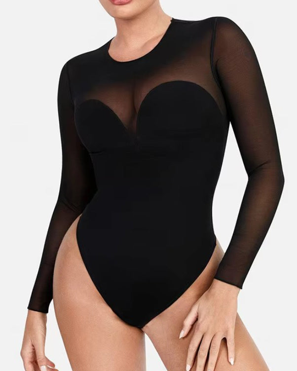 Sheer Mesh Long Sleeve Slimming Thong Bodysuit Black