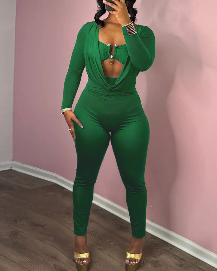 Sexy Draped Neck Slimming Long-Sleeved Jumpsuit Green