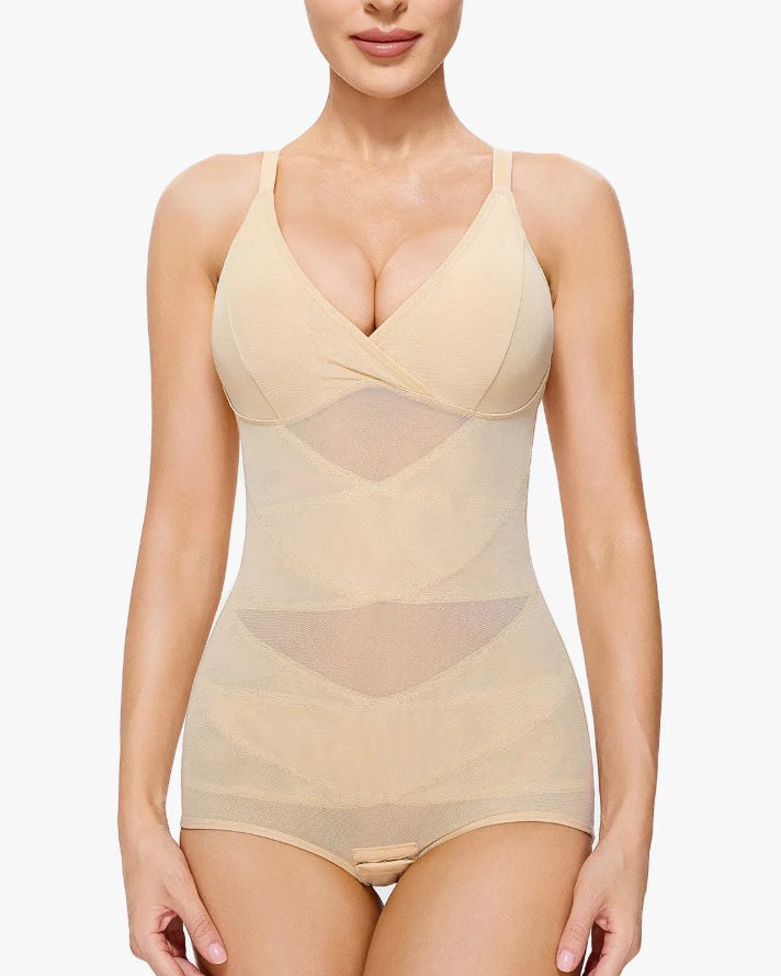 Sheer Mesh Slimming Thong Bodysuit Tan