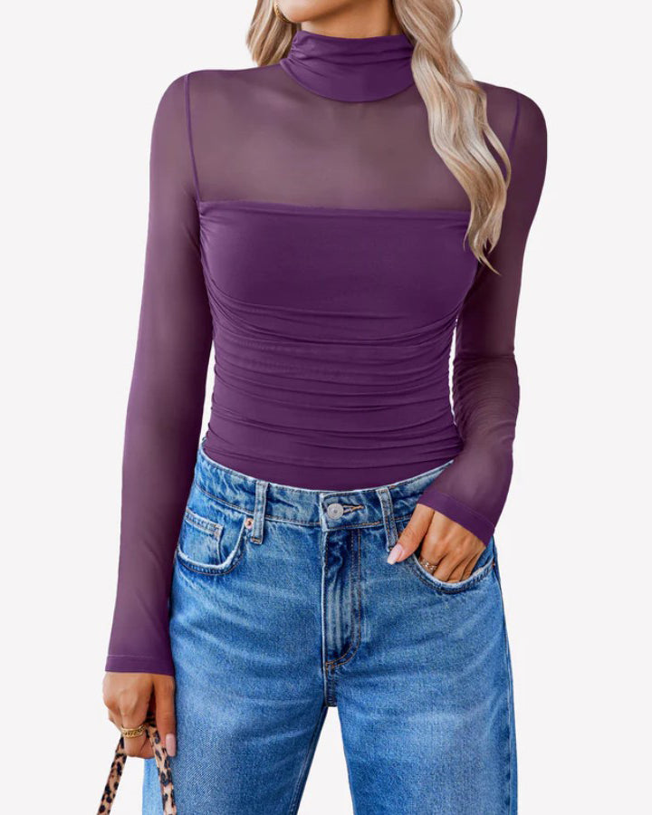 Ruched Sheer Mesh Slimming Shapewear Thong Bodysuit Purple