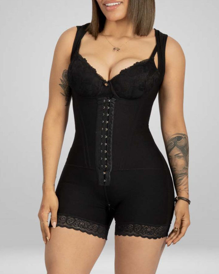 Side Steel Boned Abdominal Support Open Chest Shapewear Black