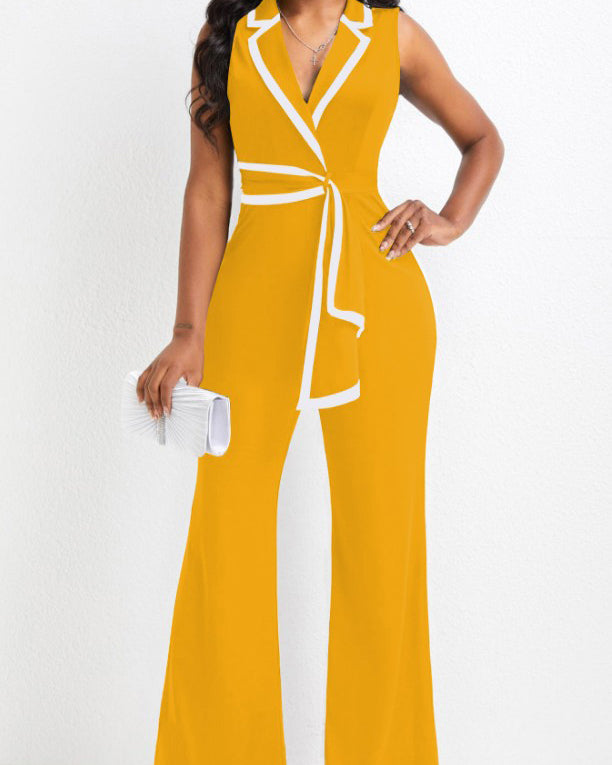 V-Neck Splicing Sleeveless Wide-Leg Jumpsuit Gold