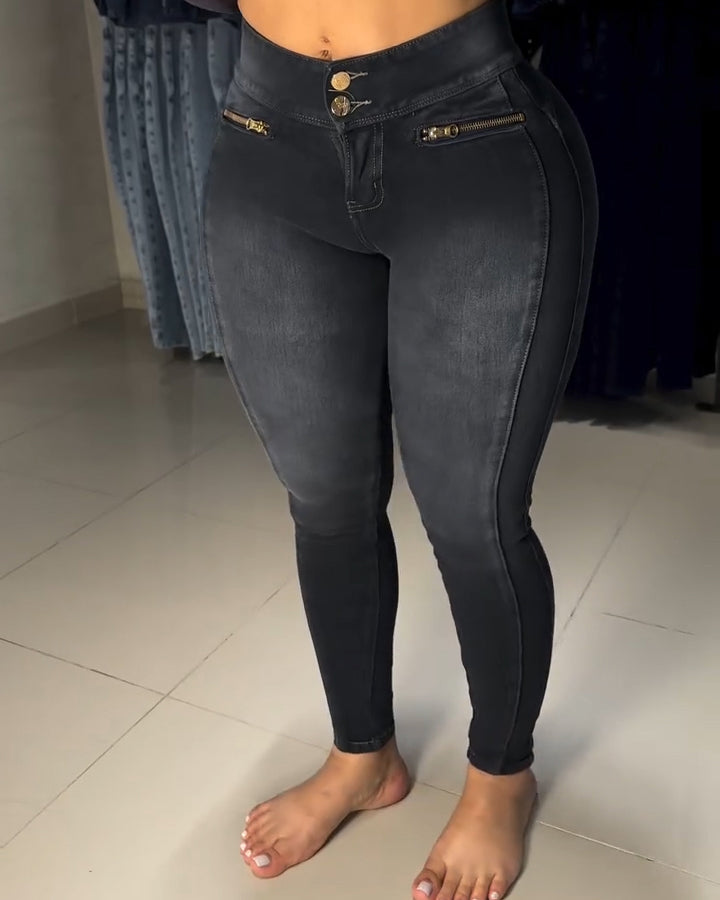 Double-Breasted High-Waisted Butt Lifter Skinny Jeans