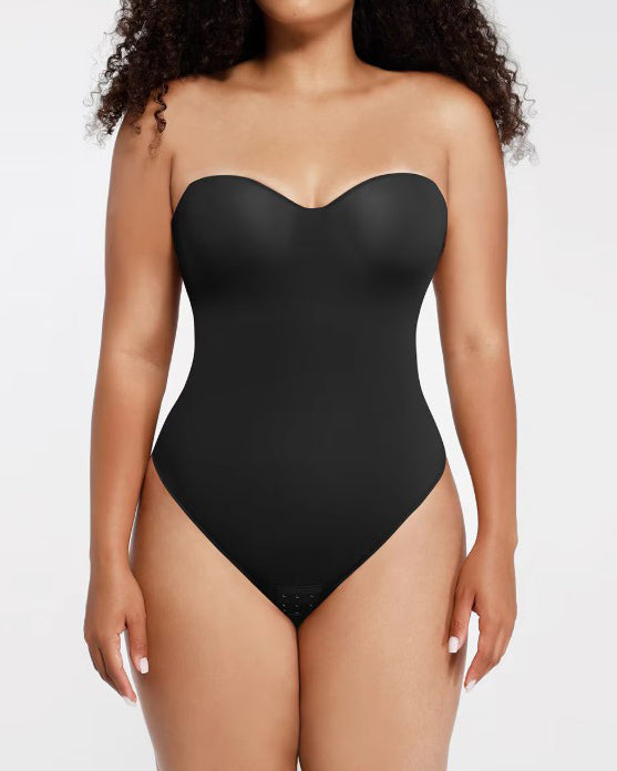 Removable Straps Satin Slimming Shapewear Thong Bodysuit Black