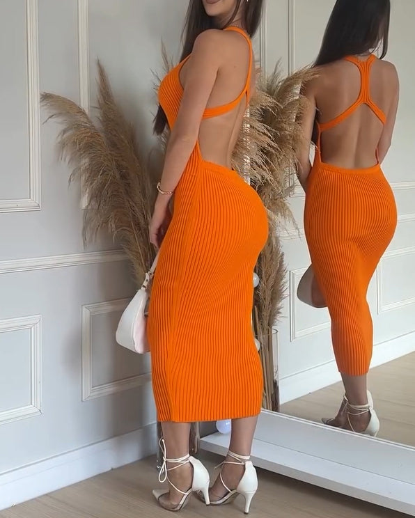 Ribbed Knit Backless Bodycon Dress