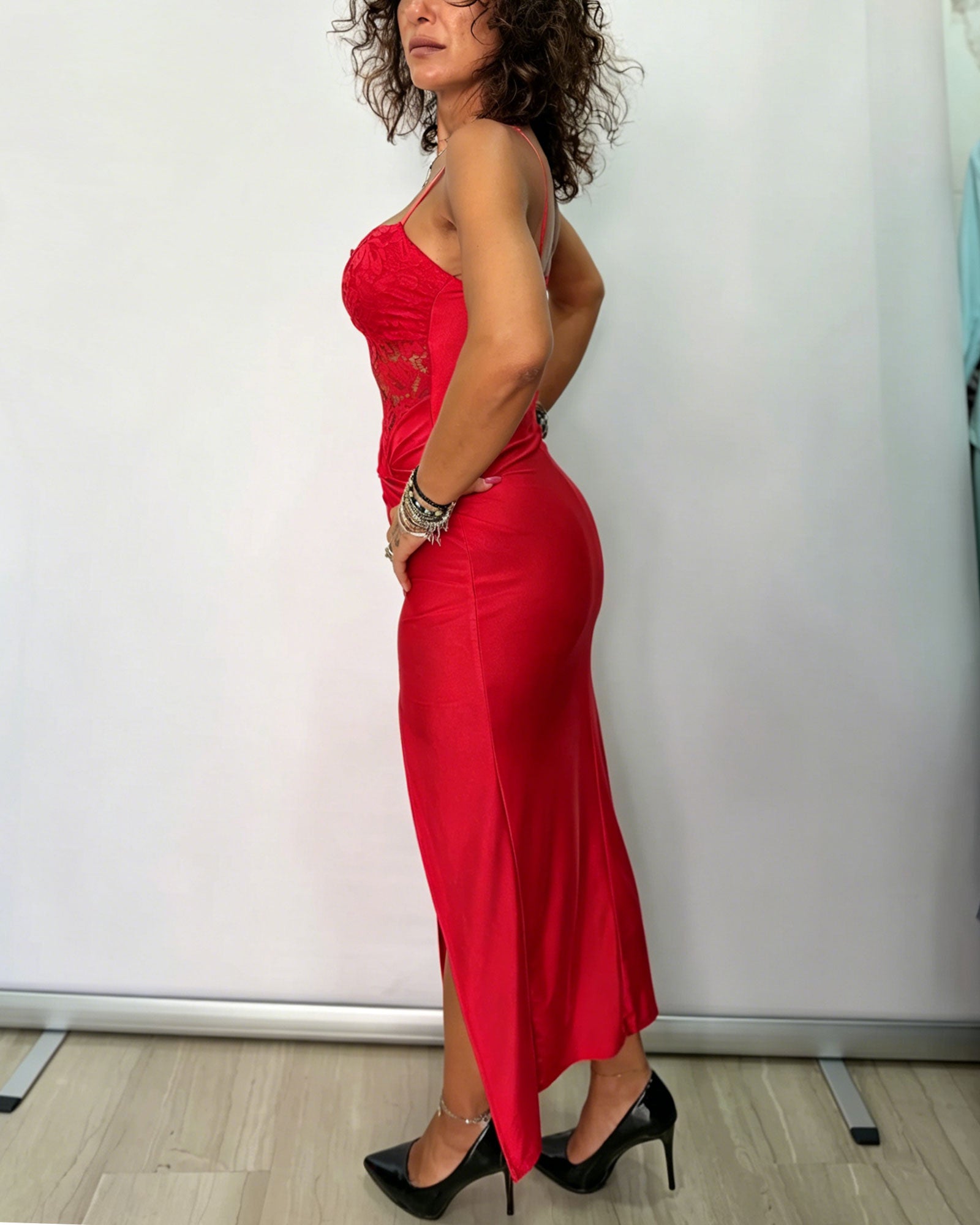 Satin Floral Tulle Lace Halter Top With Twisted Waist  High Slit Mid Length Fitted Dress