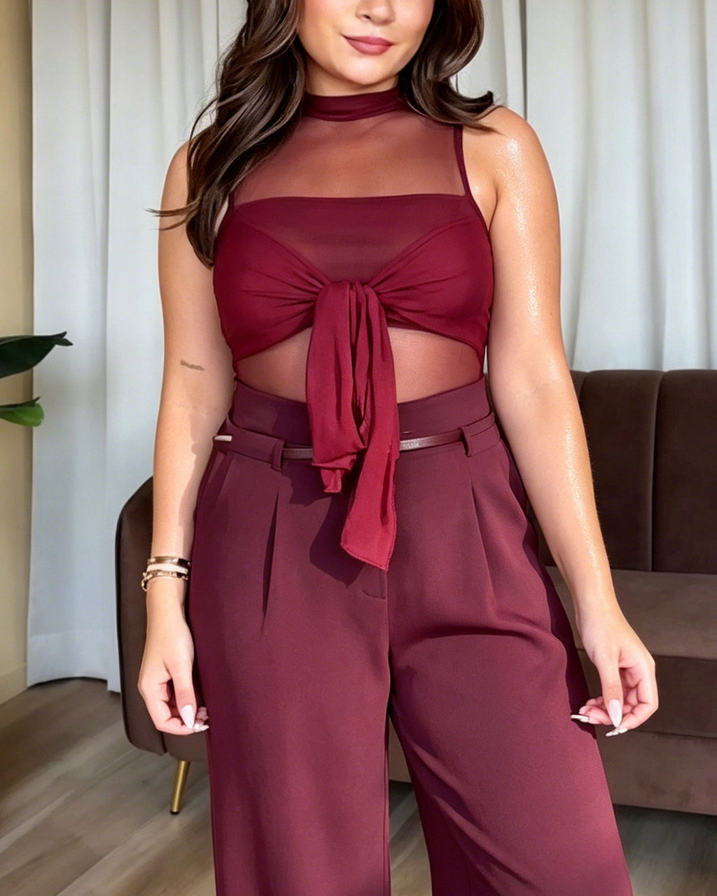 Mesh High Neck Sheer Panel Tie-Front Top