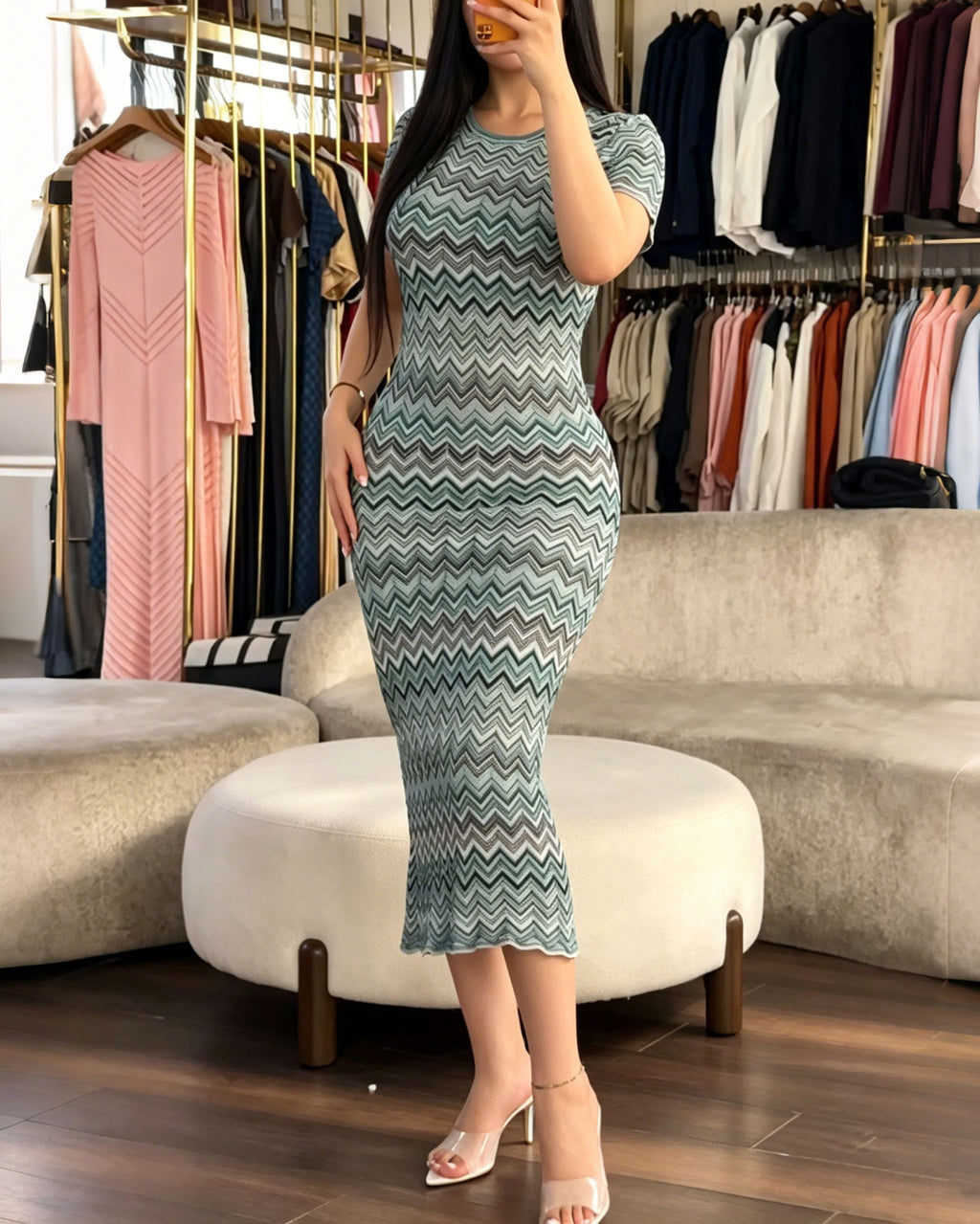 Multicolor Gradient Chevron Zigzag Striped Knit Bodycon Midi Dress