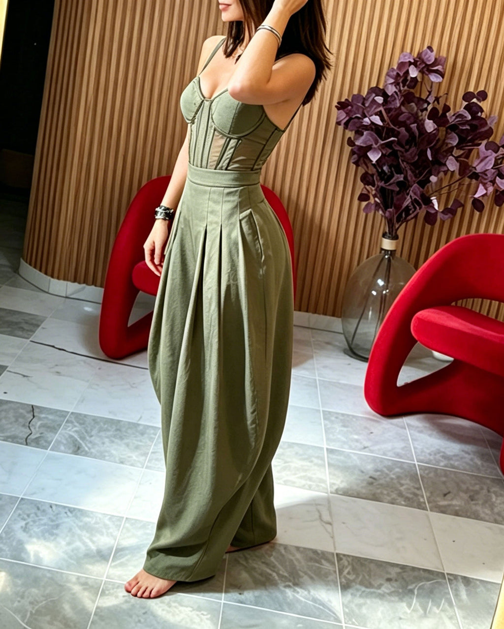 Mesh Corset Camisole Halter High-Waisted Pleated Wide-Leg Jumpsuit