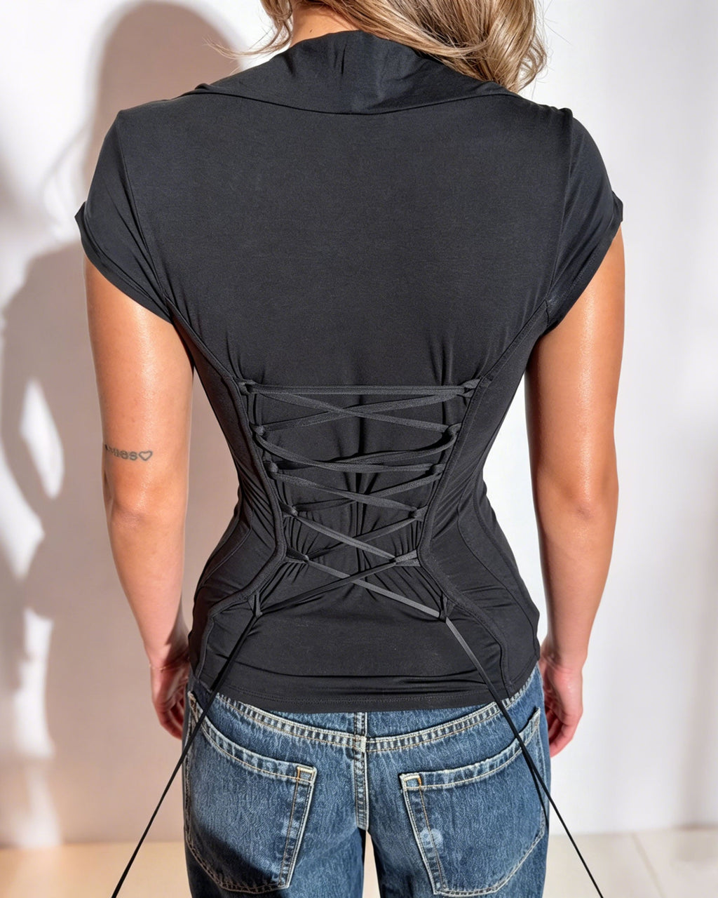 Square Neck Lace Trimmed Short Sleeved Fitted Top With Back Tie