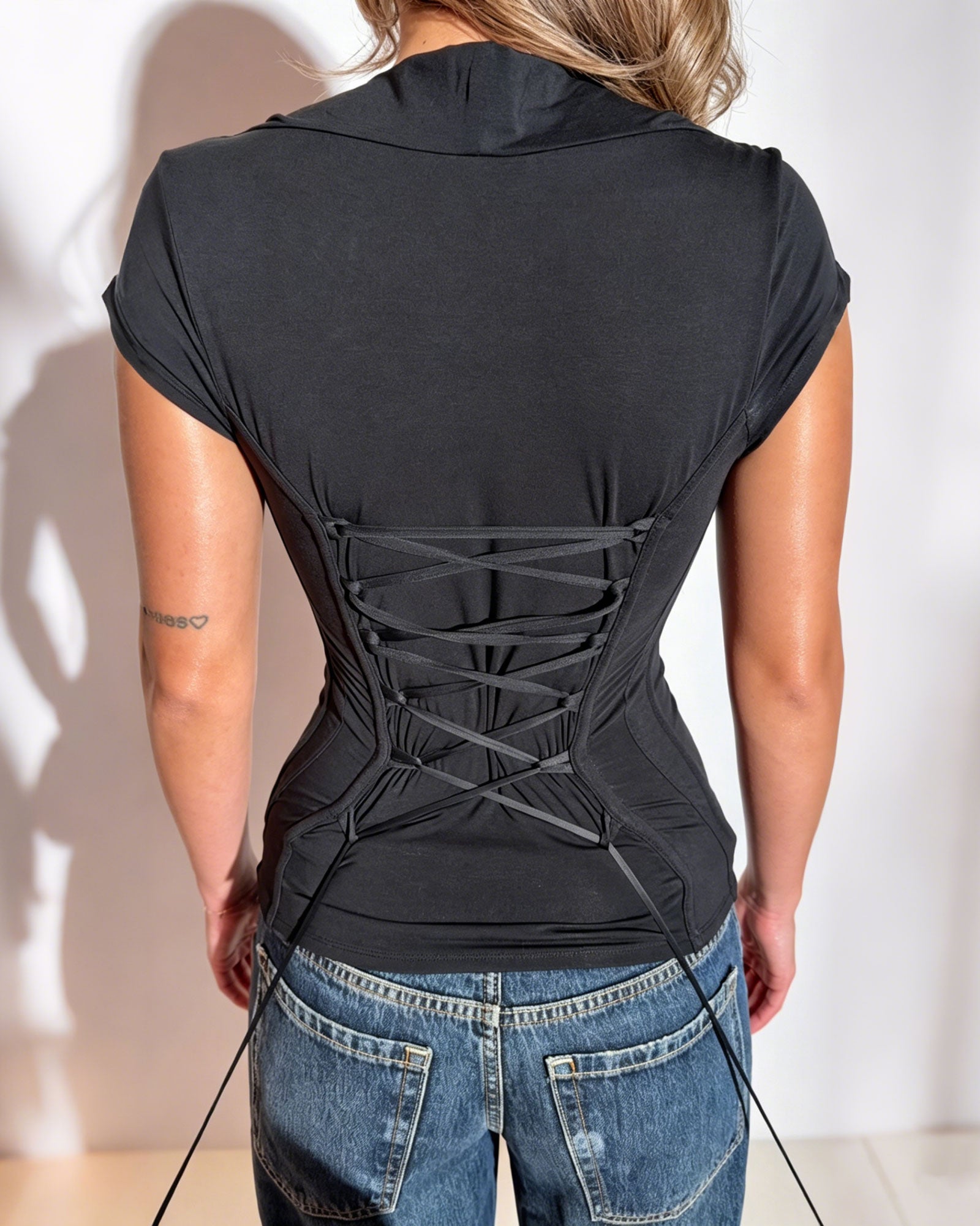 Square Neck Lace Trimmed Short Sleeved Fitted Top With Back Tie