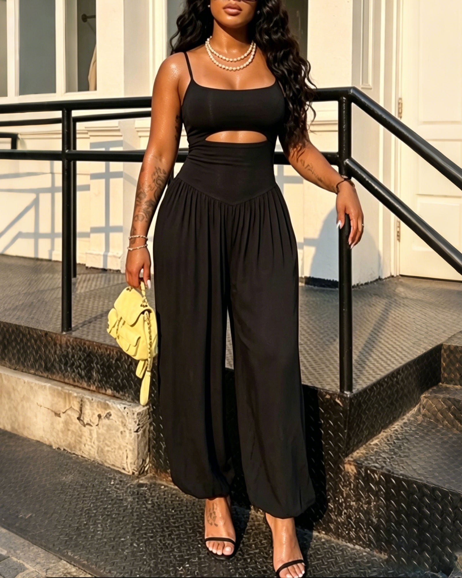 Spaghetti Strap Cutout Waist Tie-Back Wide Leg Jumpsuit
