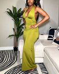 Halter Neck Open Back Ruched Bodycon Maxi Dress