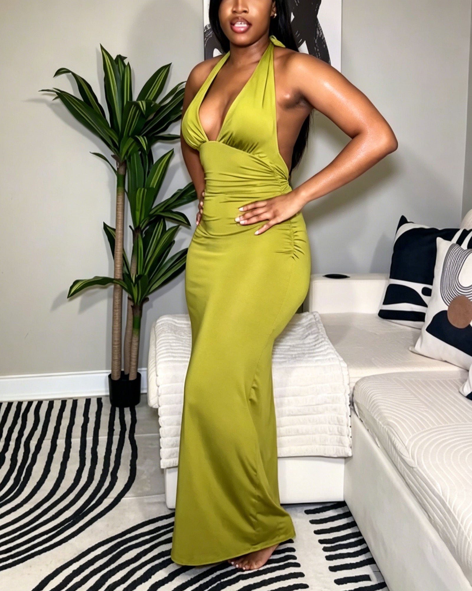 Halter Neck Open Back Ruched Bodycon Maxi Dress