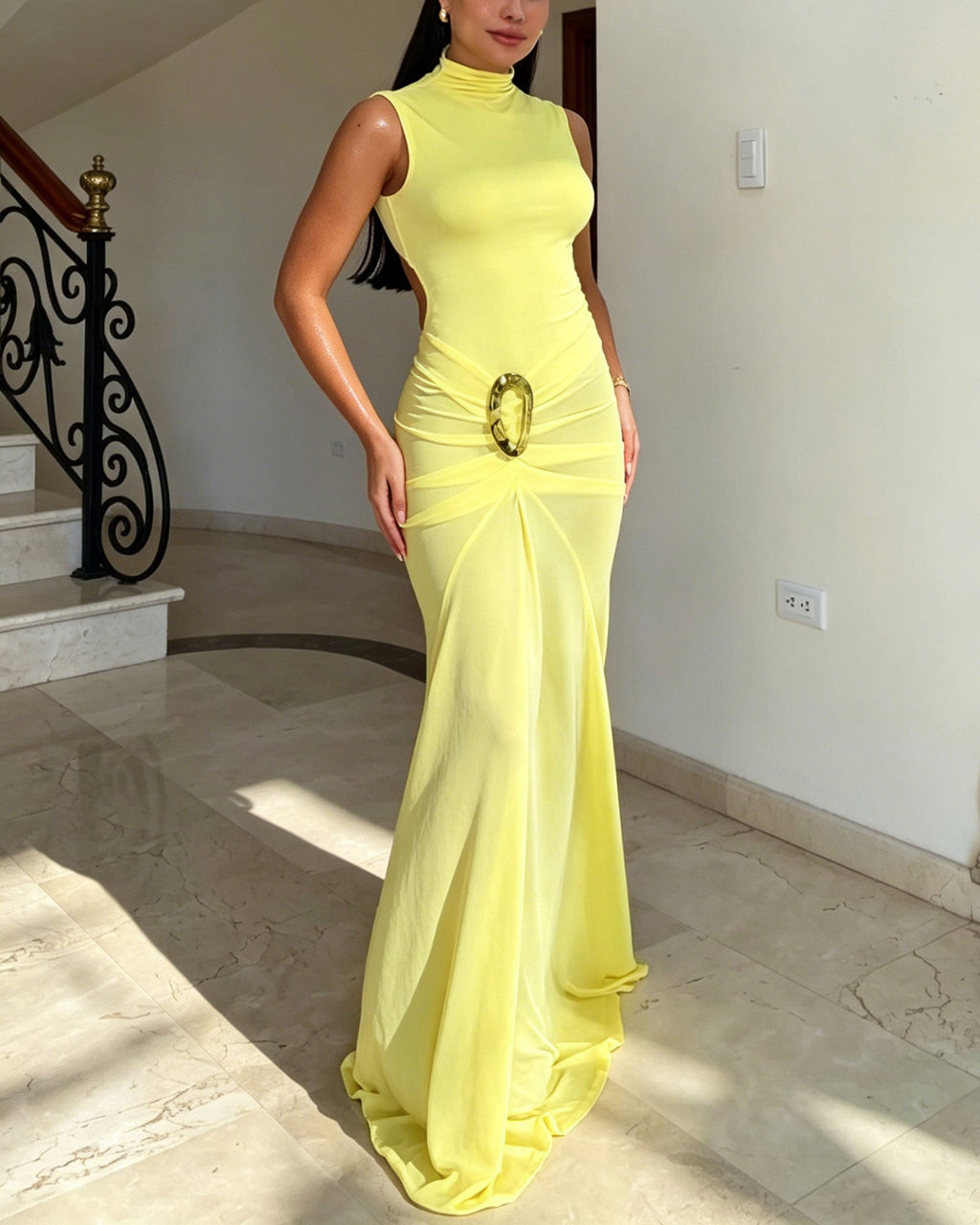 Sleeveless High-Neck Backless Pleated Waist Mermaid Long Dress With Gold Buckles