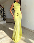 Sleeveless High-Neck Backless Pleated Waist Mermaid Long Dress With Gold Buckles