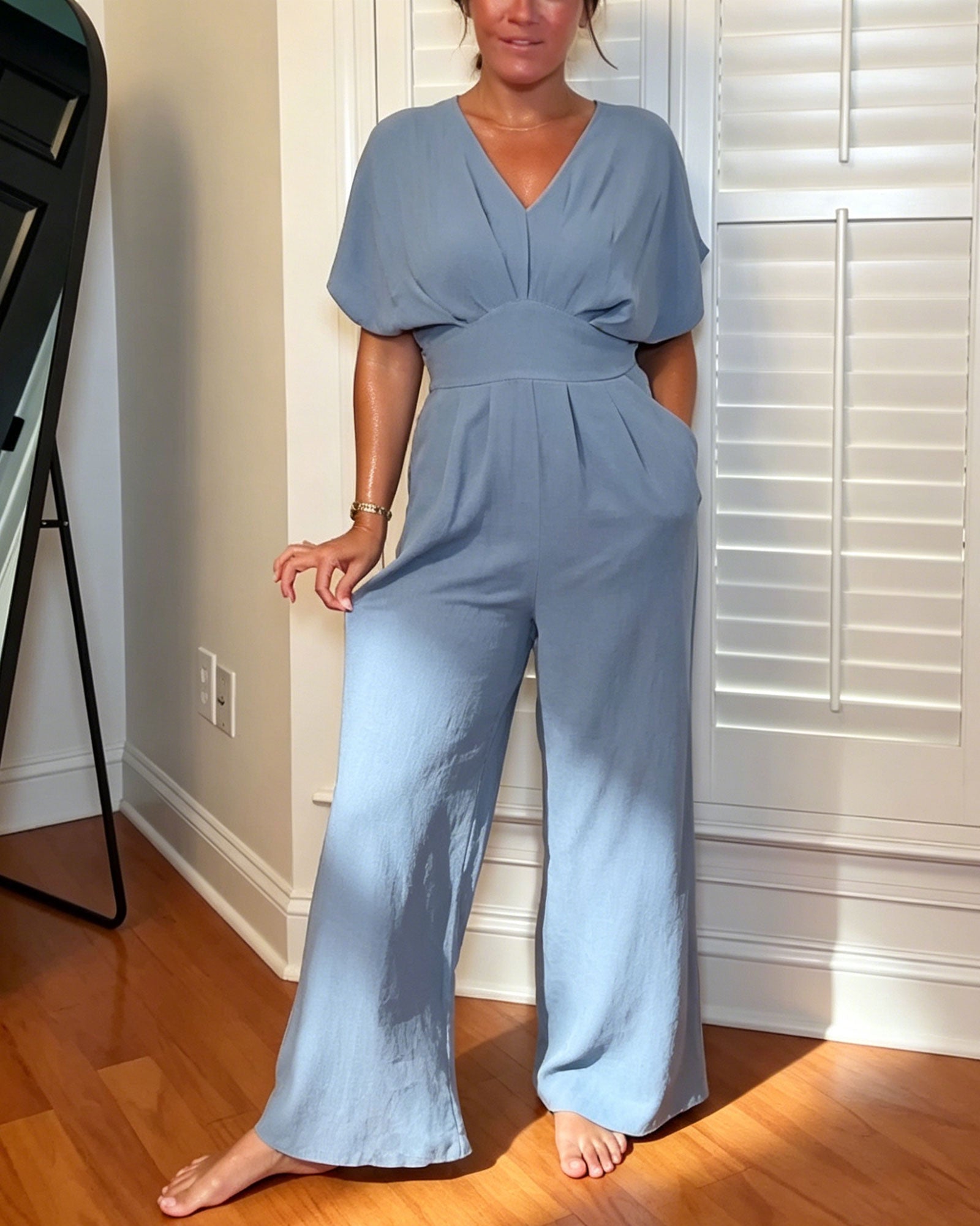 V-Neck Batwing Sleeve Cross Waist Wide Leg Jumpsuit