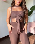 Mesh High Neck Sheer Panel Tie-Front Top