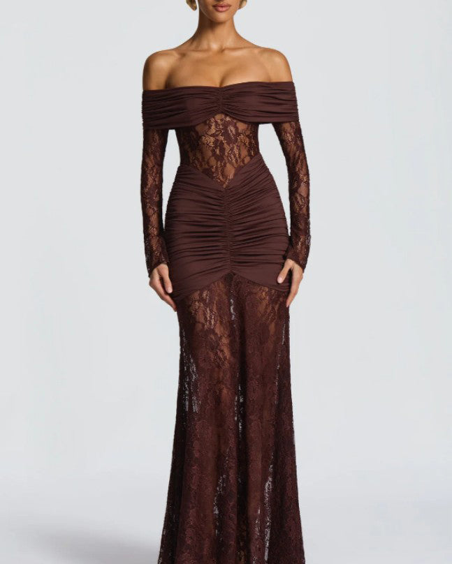 Sexy Lace Off-Shoulder Slit Long-Sleeved Dress Brown