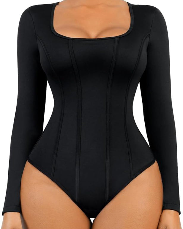 Square Neck Long-Sleeved Shaping Thong Bodysuit