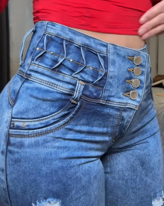 4-Row Button-Down Hip-Lifting Skinny Jeans