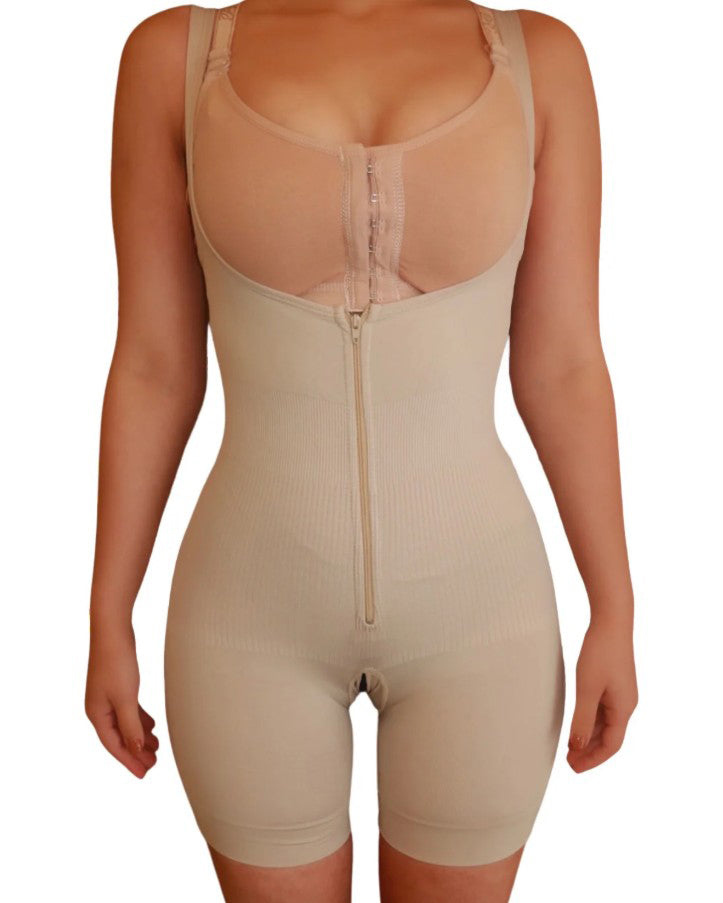 Open Chest Front Zip Seamless Shapewear Beiges