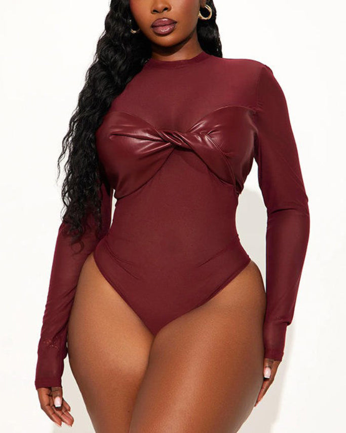 Sexy Sheer Mesh Leather Long-Sleeved Bodysuit DarkRed
