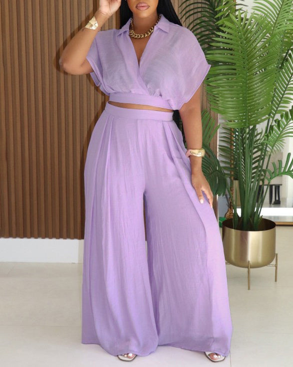 Casual Lapel Cropped Top Wide Leg Pants 2-Piece Set Violet