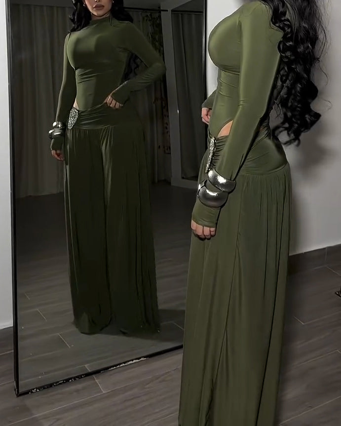 Women's Long-Sleeved Wide-Leg Slim Fit Two-Piece Set