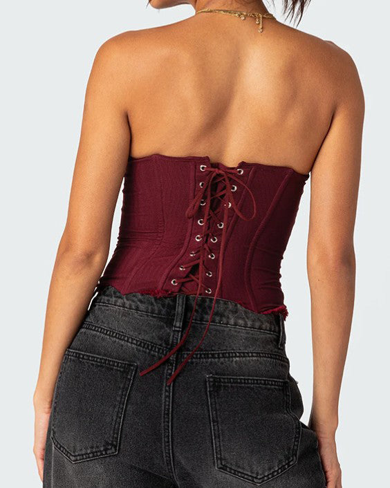Women's Slim Fit Lace Mesh Tie Back Croset Top