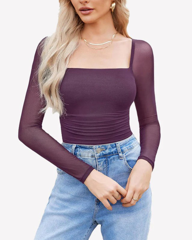 Sexy Square Neck Ruched Mesh Long Sleeve Shaping Bodysuit Purple