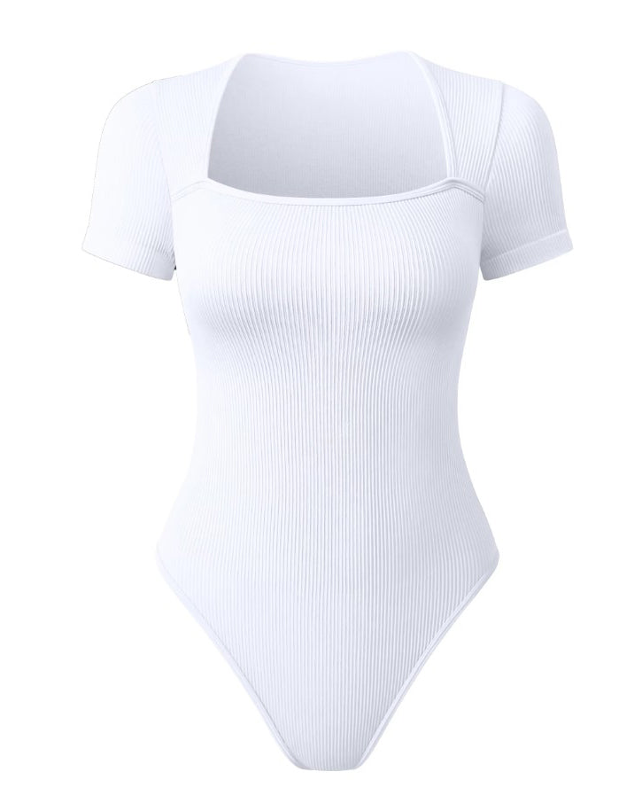 Square Neck Short Sleeve Ribbed Thong Bodysuit White