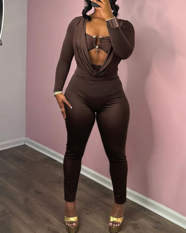 Sexy Draped Neck Slimming Long-Sleeved Jumpsuit Peru